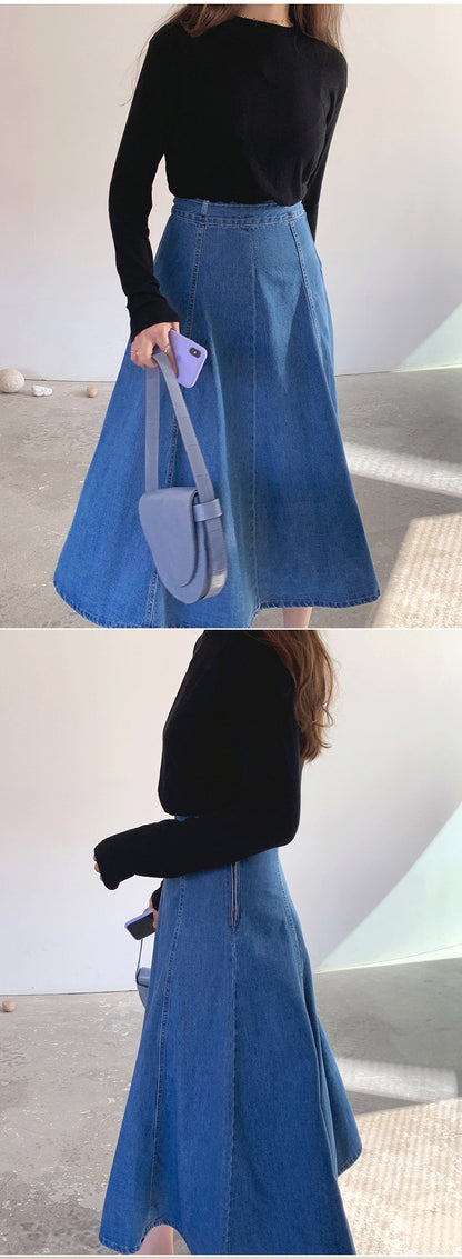 Denim Mid-length Skirt Women's Spring and Autumn High Waist 200 Jin Mid-length Skirt Student Korean-style ins Large Size Loose Denim Skirt