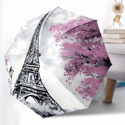 Automatic Open/Close Umbrella with Eiffel Tower Design - Parisian Landmark Pattern in Black/White/Pink/, Compact Folding Parasol with 8-Rib Sturdy Frame, Auto Umbrella for Travel, Everyday & Special Events - Ideal French Trav