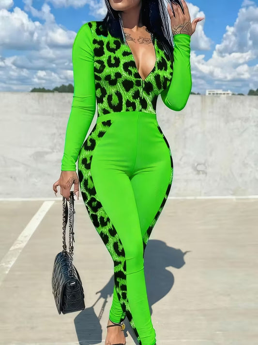 Plus Size, Fashion Women's Clothing | Women's Zip - Up Jumpsuit Set | Bright Green with Black Leopard Print Patchwork | Long Sleeve Full - Zip Design | Slim Fit | Suitable for Daily Outings & Multiple Occasions