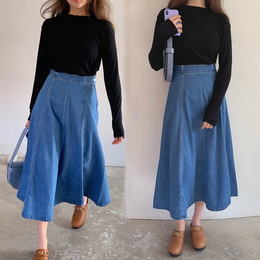 Denim Mid-length Skirt Women's Spring and Autumn High Waist 200 Jin Mid-length Skirt Student Korean-style ins Large Size Loose Denim Skirt