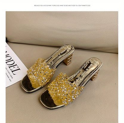 Women'S Chunky Heel Sandals - Slip-On Open-Toe High Heels with Ankle Strap, Golden Glamorous Party Shoes for Formal Events, Weddings, Nightouts - Cushioned Insole & Non-Slip PVC Sole - Available in Wide Widths (Women'S Summer