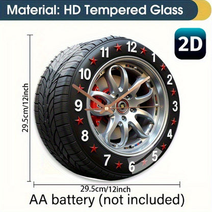 12 Inch Large Modern Car Tire Wall Clock - Heated Glass Silent Quartz Movement with Mechanism, Red & Black Rims & White Face - Battery- (AA Not Included) - Auto-Themed Home Decor for Living Room, Bedroom, - Novel, 2D Flat
