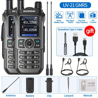2Pack BAOFENG UV-21R GMRS Handheld RadioLong Range Walkie Talkie NOAA Weather Receiver And Scan Rechargeable GMRS Repeater Capable Two Way Radio with USB-C Charger Full Kit for Hunting Fishing Outdoor Activities