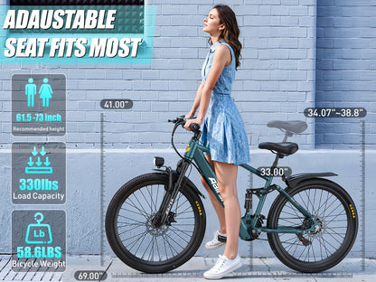 Aairsk Electric Bike 26inch, 25Mph Speed & Peak 748W Motor, 40 Miles Range &13Ah/10Ah Removable Battery, 21-Speed & Dual Suspension, Adult Teen Ebike Electric Mountain Bike, Electric Bike for Women, Electric Bikes for Men, Da