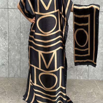 Plus Size Geometric Print Kaftan Dress - Flattering Modest Crew Neck, Comfortable Short Sleeves, Flowy Maxi Silhouette - Designed for Curvy Women, Plus Size Clothing for a Confident Fit, Party Dress|Geometric Print|Comfortabl