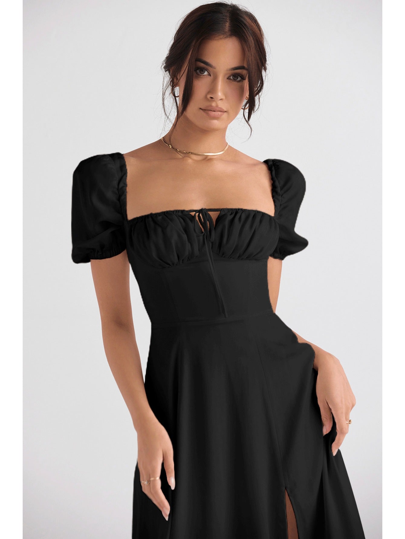 Elegant Puff Sleeve Tie-Waist Dress | High Waist Design, Off the Shoulder, Solid Color, Flared Hem, Midi Length for Spring/Summer Fashion
