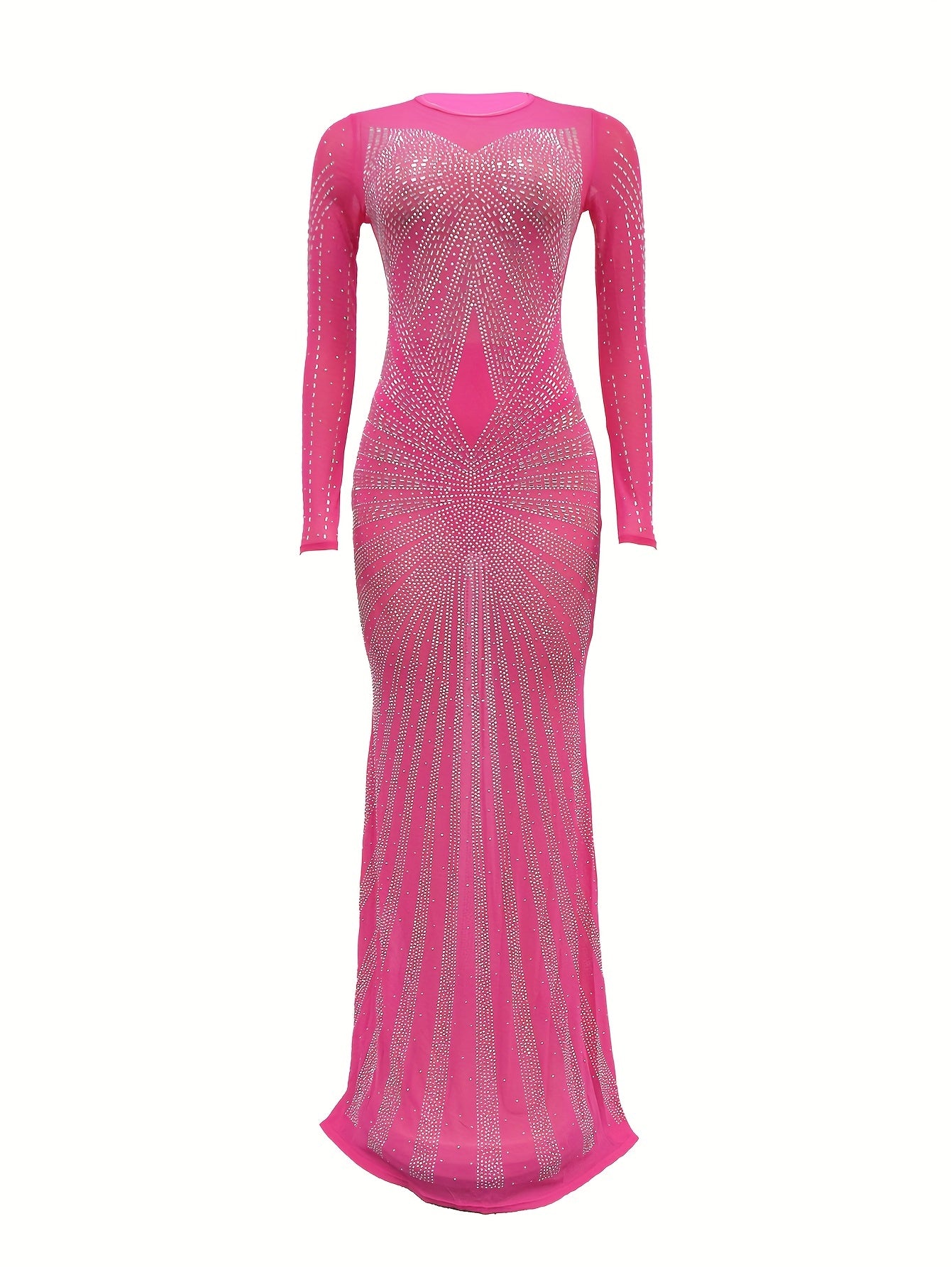 Long Sleeve Maxi Dress - Elegant Sheer Mesh with Rhinestone Detail - Bodycon Fit for Women - Perfect for Spring/Summer/Fall
