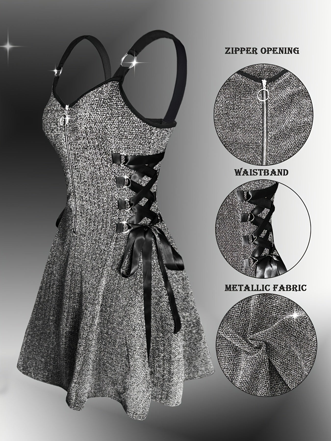 Y2K Metallic Fabric | Fashionable Women'S Peplum Dress with V-neck and Zipper Closure | Flared Hem, Waist-Cinching Details | All-Season Wear