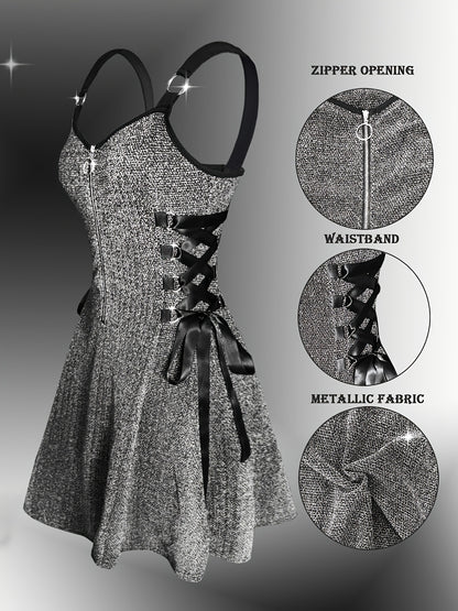 Y2K Metallic Fabric | Fashionable Women'S Peplum Dress with V-neck and Zipper Closure | Flared Hem, Waist-Cinching Details | All-Season Wear