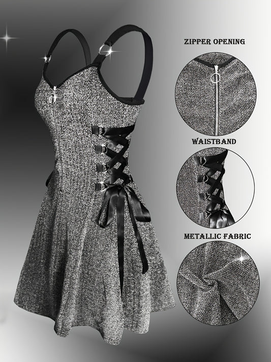 Y2K Metallic Fabric | Fashionable Women'S Peplum Dress with V-neck and Zipper Closure | Flared Hem, Waist-Cinching Details | All-Season Wear