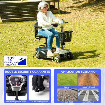 A Four-wheeled Foldable Electric Mobility Scooter For Seniors, It Has A 250W Motor, 24V Power System, 15-mile Range, Front LED Lights, Detachable Basket, Rotatable Seat, And Folds For Car Storage, The Perfect Choice For Daily
