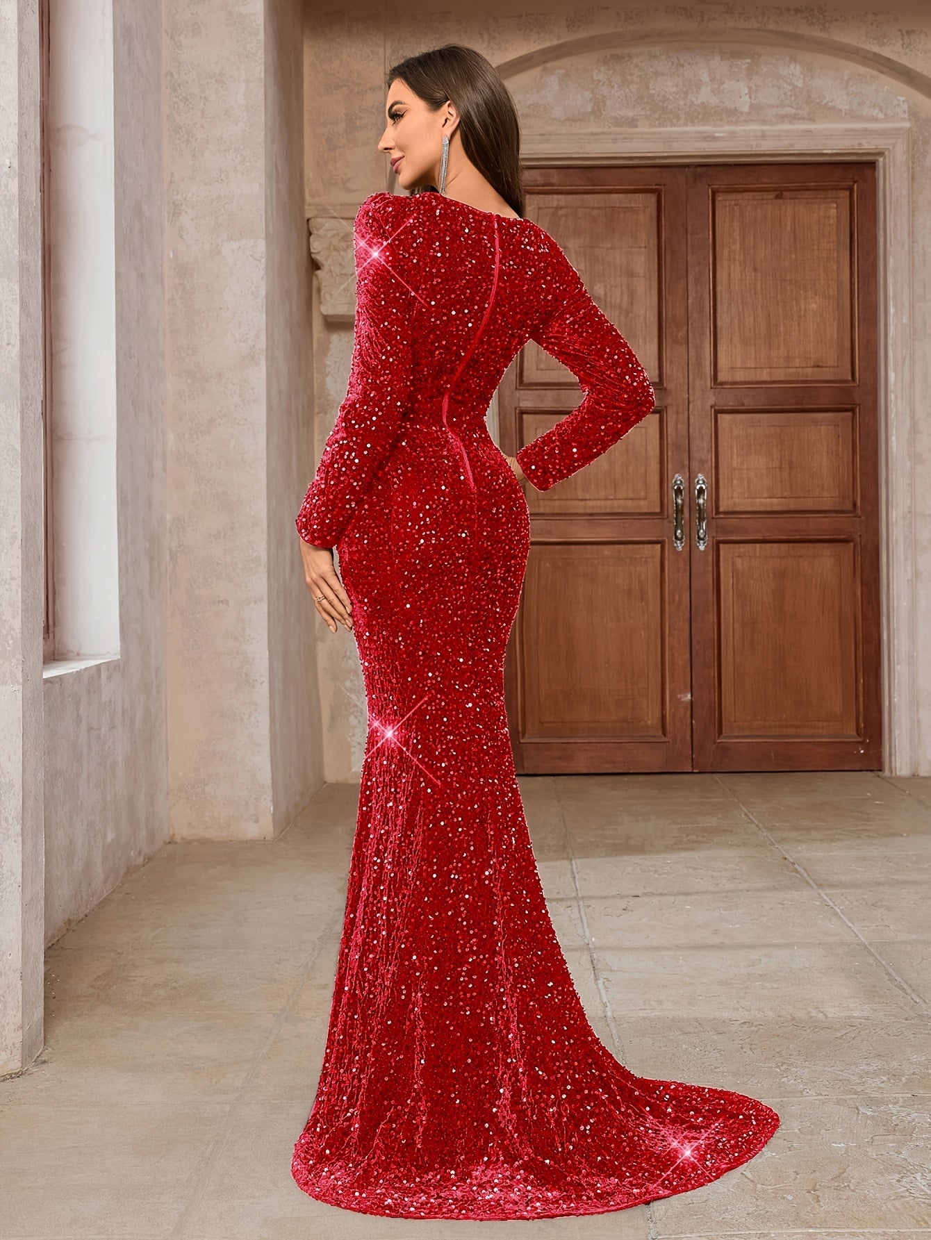 Women's Sparkling Mermaid Evening Gown - Sequin-Encrusted Waist Slim-Fit -Length Party Dress with Low Neckline & Fitted Bodice, Hand Washable Wedding Prom Gala Dress (No Dry Clean) - Elegant Formal Attire