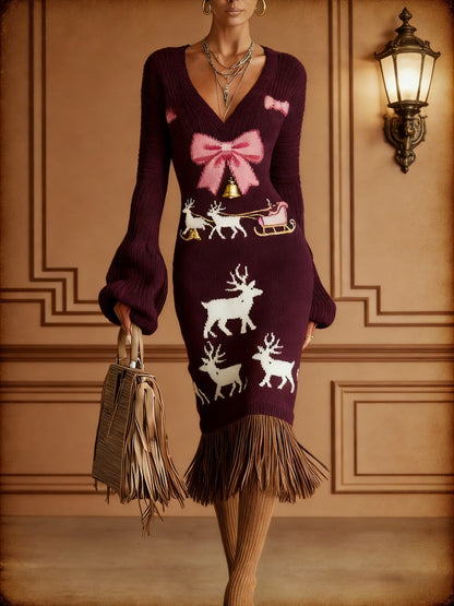 Cross-border New Autumn And Winter Sweater Dress, Floral Flower Printing, Sexy V-neck Long-sleeved Design, Fringed Hem Embellishment, Warm And Thin Temperament Commuter Bottom Dress