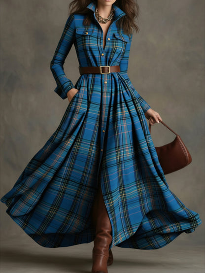 Royal Blue Plaid Waist-Tied Maxi Dress | Retro Eye-Catching Casual Style, a Standout Piece for Date Commutes and Casual Occasions