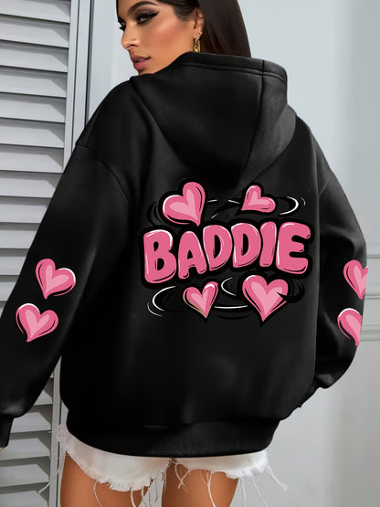 Women's Plus Size Oversized Hooded Sweatshirt 1XL-5XL - Cozy Baddie Graphic Hoodie with Heart Print, Long Sleeve Pullover, All-Season Casual Wear, Black Sweatshirt for Women Suitable for 1XL-5XL