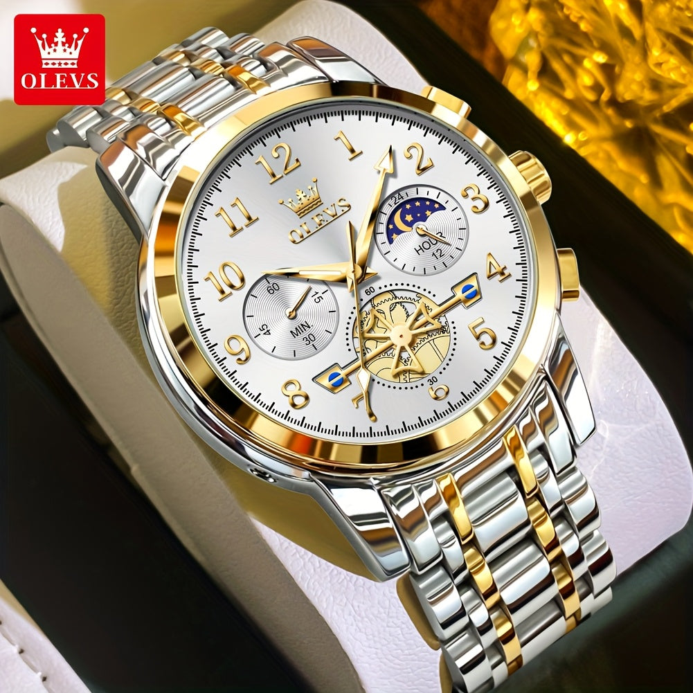 OLEVS Men's Luxury Multifunctional Quartz Watch - Stainless Steel Luminous Analog Watch with Moon Phase, Chronograph, Date/Day/24H Indicator, Golden-Tone & Bracelet for Business, Casual, Casual Attire - Dress Watch