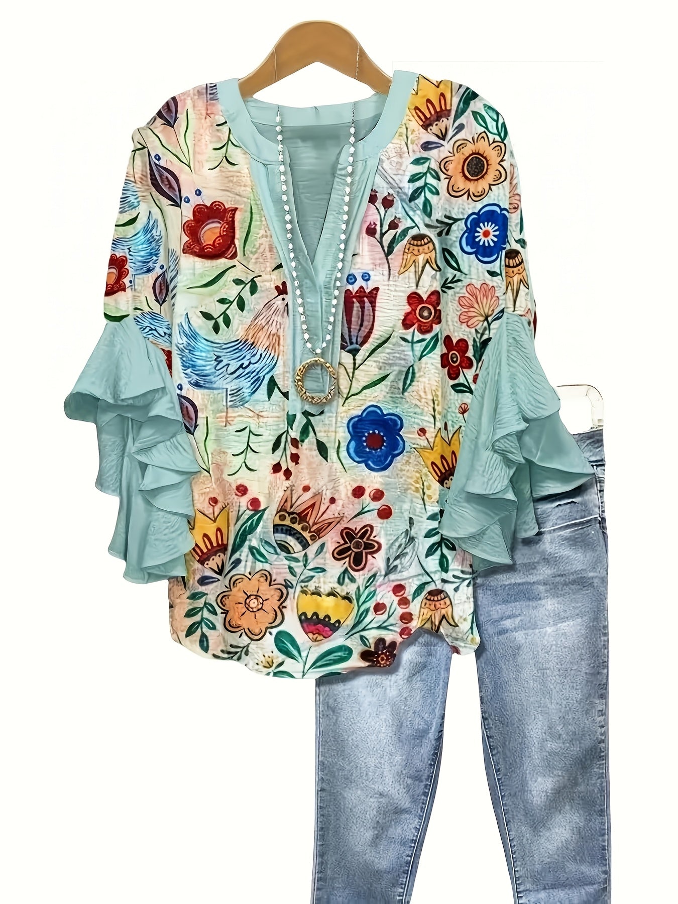 Plus Size - Plus-Size Women'S Paisley Print Ruffled Sleeve Stylish Casual Round Neck Autumn Shirt