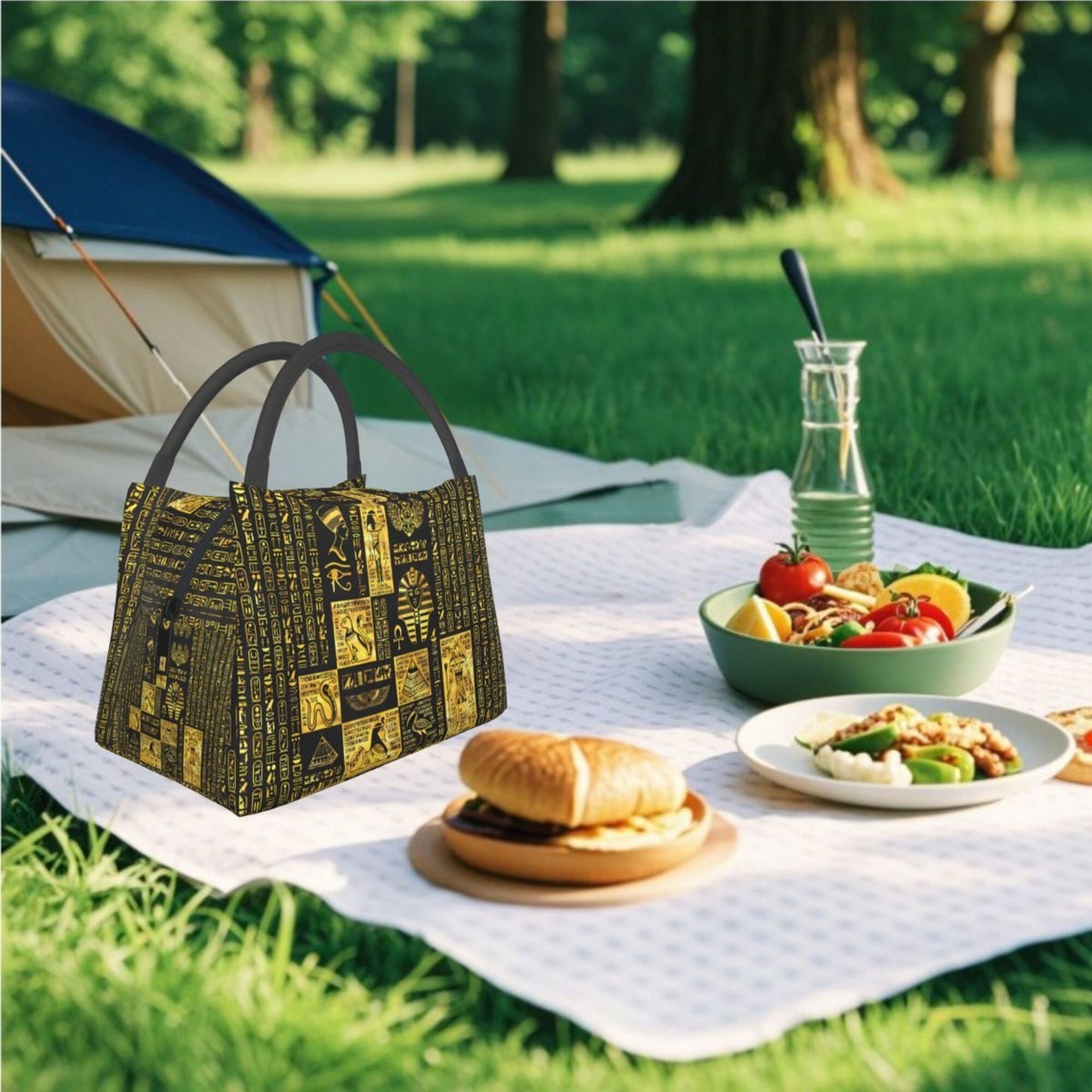 1pc Egyptian-Themed Insulated Lunch Bag – Portable & Reusable Cooler Tote with Hieroglyphic Patterns, Black Handles, Perfect for Home, Office, Outdoor Use, and Gifts for Friends, Teens, and Family, Lunch Bag Insulated