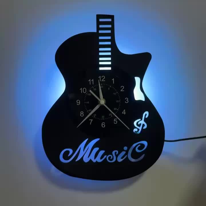 Handmade Guitar-Shaped Vinyl Record LED Wall Clock - Unique Musical Theme, Irregular Shape, Flat Crown, Digital Display, Battery Operated (AA Not Included) - Ideal for Living Room, Bedroom, Office, Music Room Decor - Perfect