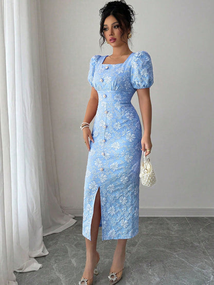 Women's Elegant Square Neck Formal/Party/Casual dress - Waist-Cinching A-Line Midi with Back Zipper, Non-Stretchy Fabric for Wedding, Evening, Vacation - Machine Washable Evening Gown