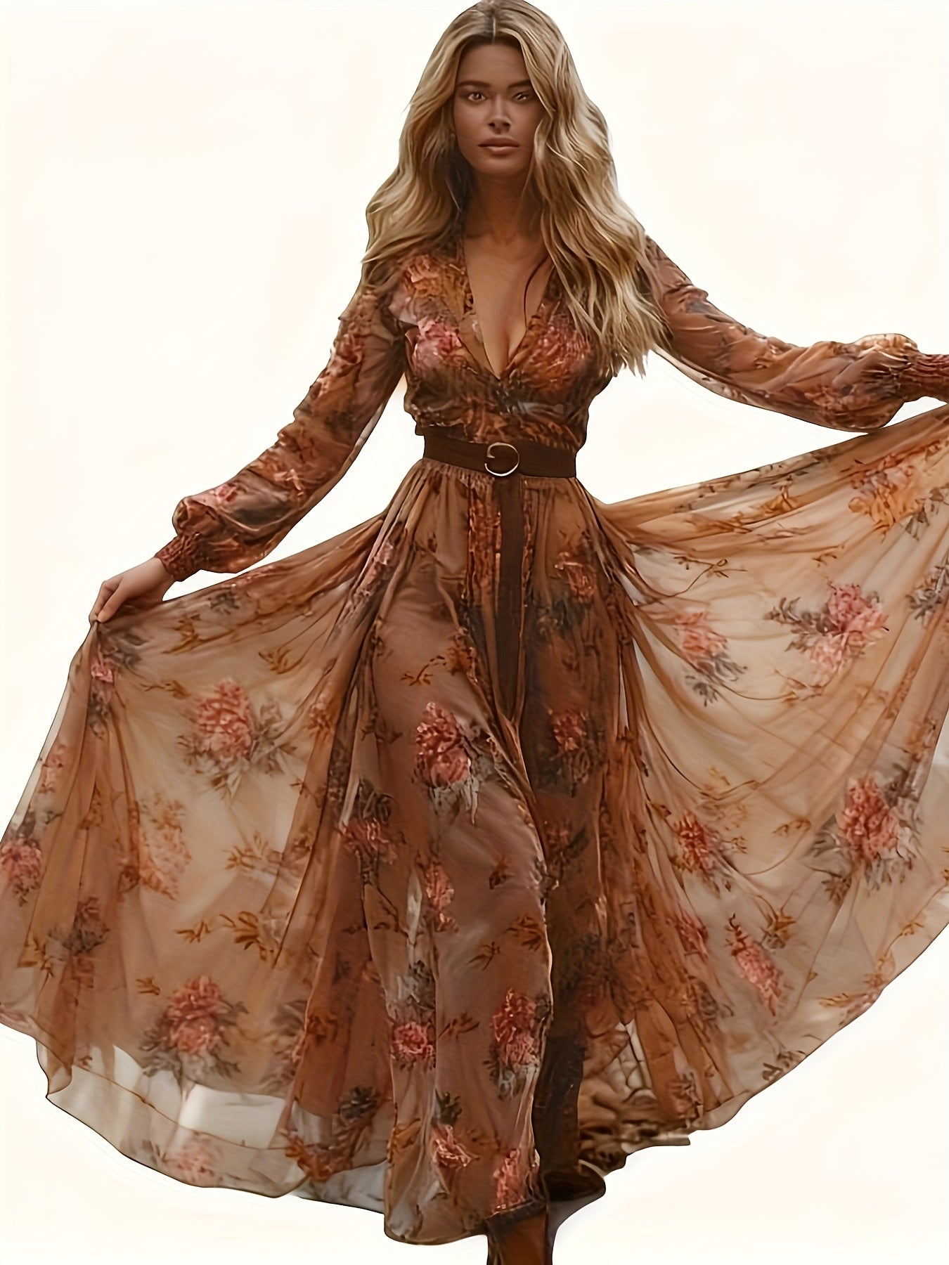 Maxi Dress for Women with a Tan Floral Design - Long Sleeve Bohemian Dress Featuring a Deep V-Neck.