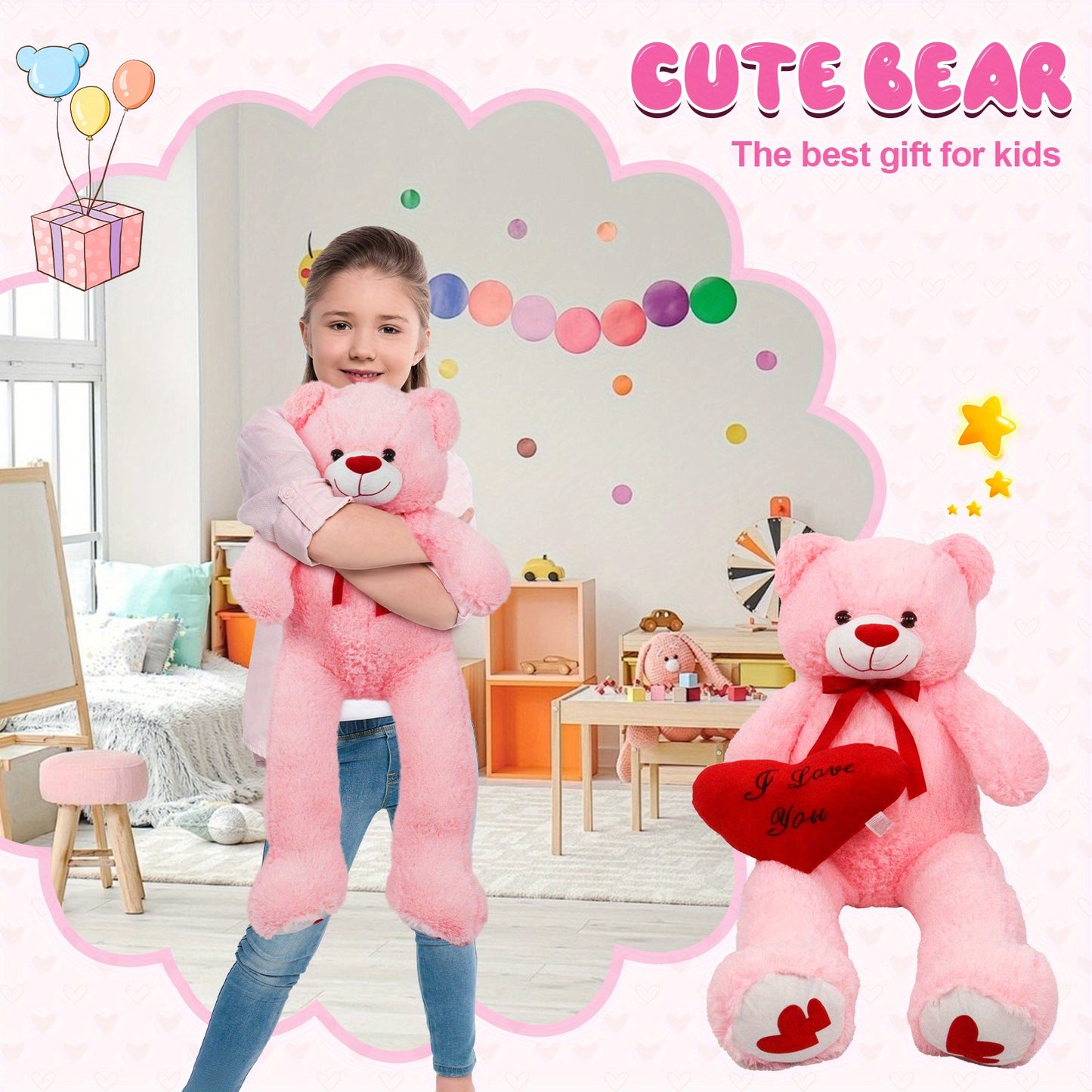 53" Big Teddy Bear Stuffed Animals with Footprints And 14" Heart-shaped Plush Pillow Plush Toy for Girlfriend (White Pink Brown Blue Purple), Stuffed Animals, Huge Stuffed Animal, Small Stuffed Animals, Cuddly Companion, Gift