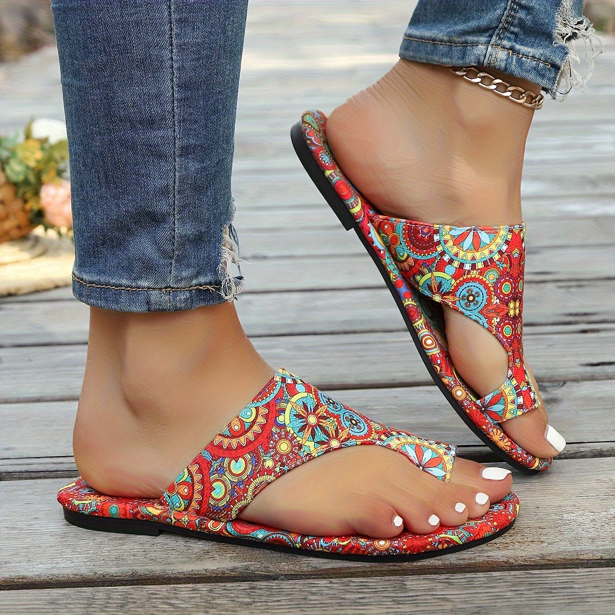 Women's Bohemian Floral Slide Sandals - Slip-On Open Toe Summer Shoes with Pink, Lightweight Flat Sandals for Beach, Casual Outfits - Easy Slip Closure & Non-Slip PU Sole, Beach Footwear