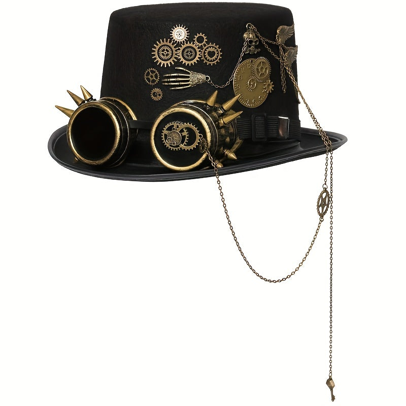 Steampunk Top Hat with Metal Chain and Goggles - Victorian Headdress Costume Accessory for Women - Perfect for Halloween and Cosplay