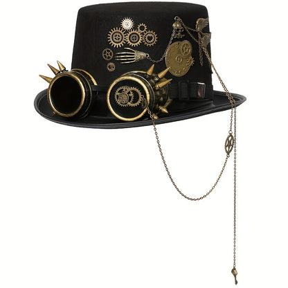 Steampunk Top Hat with Metal Chain and Goggles - Victorian Headdress Costume Accessory for Women - Perfect for Halloween and Cosplay