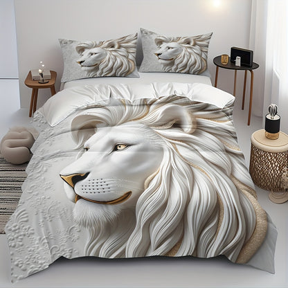 White Lion Duvet Cover Set - Soft High-Definition Digital Print, Breathable Polyester, Machine Washable, Perfect Gift for All-Season Use, Includes 1 Duvet Cover & 2 Pillowcases, Ideal for Family And Friends