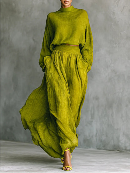 Yellow-Green High-Neck Loose-Fit Long-Sleeve Top + Wide-Hem Flowing Skirt Women's Elegant Set | Soft, Relaxed, and Effortless Vibe Perfect for Casual Outings & Lightly Sophisticated Commuting Looks