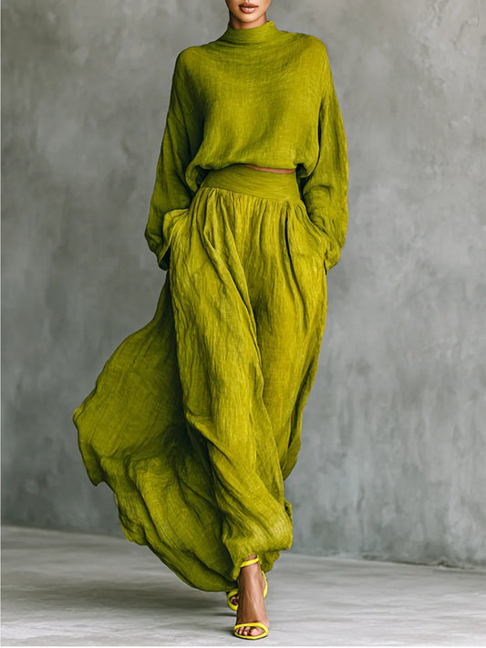 Yellow-Green High-Neck Loose-Fit Long-Sleeve Top + Wide-Hem Flowing Skirt Women's Elegant Set | Soft, Relaxed, and Effortless Vibe Perfect for Casual Outings & Lightly Sophisticated Commuting Looks