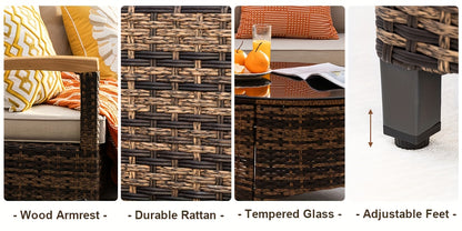 8-11pcs Outdoor Patio Furniture Set, Half-Moon Curved Sectional Sofa Rattan Patio Conversation Set with Wood Armrests for Porch, Backyard - Tempered Glass Round Coffee Table & Side Table, Patio Furniture And Decor, Patio Set,