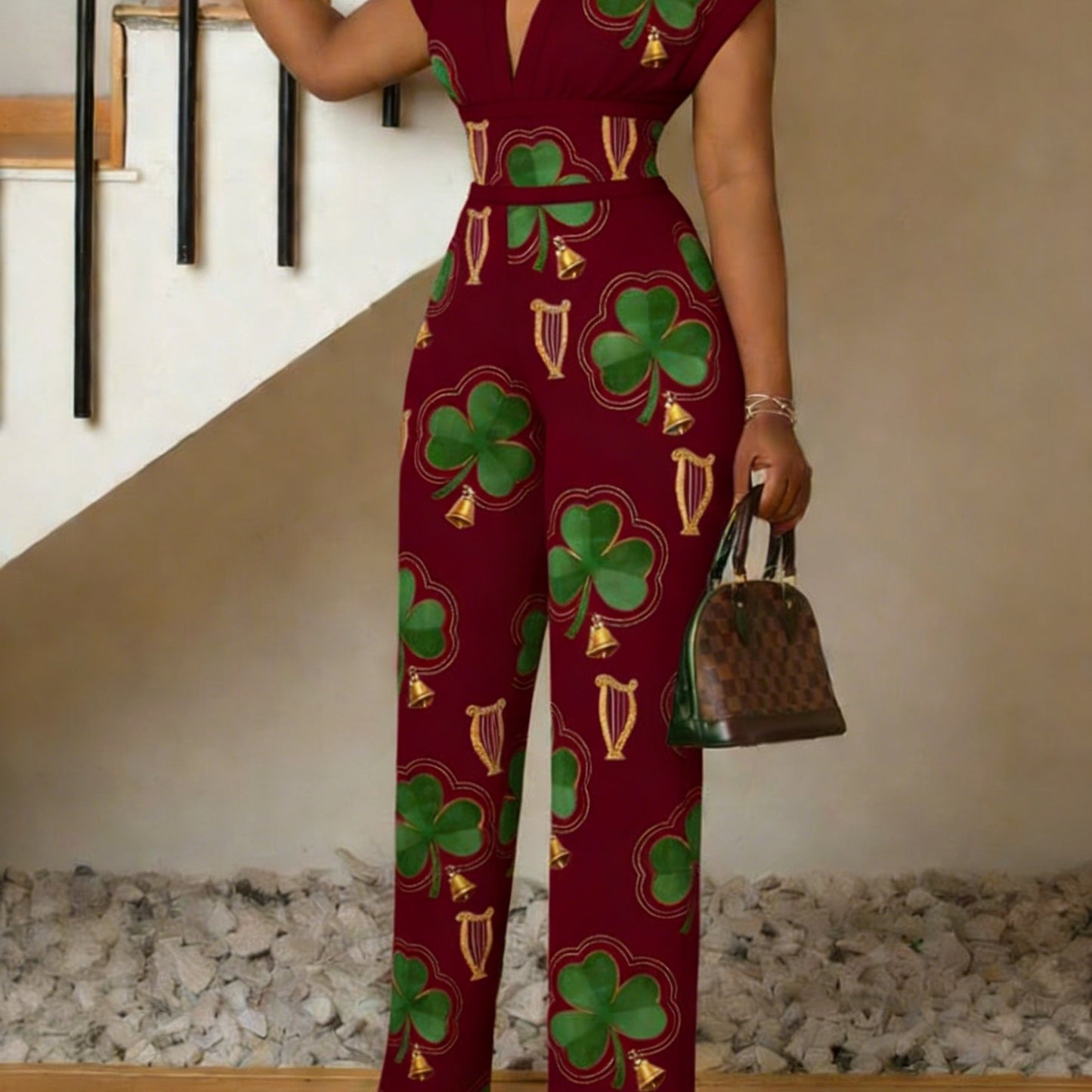 St. Patrick's Day Printed Women's Elegant Jumpsuit, Plant Leaf Pattern V-neck Jumpsuit, Women's Gift, Summer Casual Wear, Fashionable Outdoor S Women's Short Sleeved Jumpsuit, Gradient Slim Fit Jumpsuit, Machine Washable, Sof