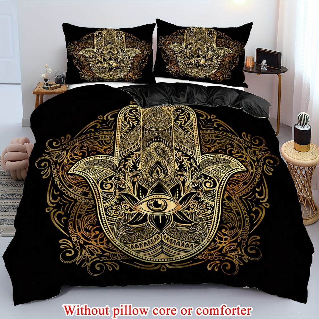 2/3pcs (1 Duvet Cover + 1/2 Pillowcase, Without Core)Mysterious Palm Eyes Striped Geometry Ancient Civilization Faith Print Soft Comfortable Bedding Set for Bedroom Dorm Room Family Gift
