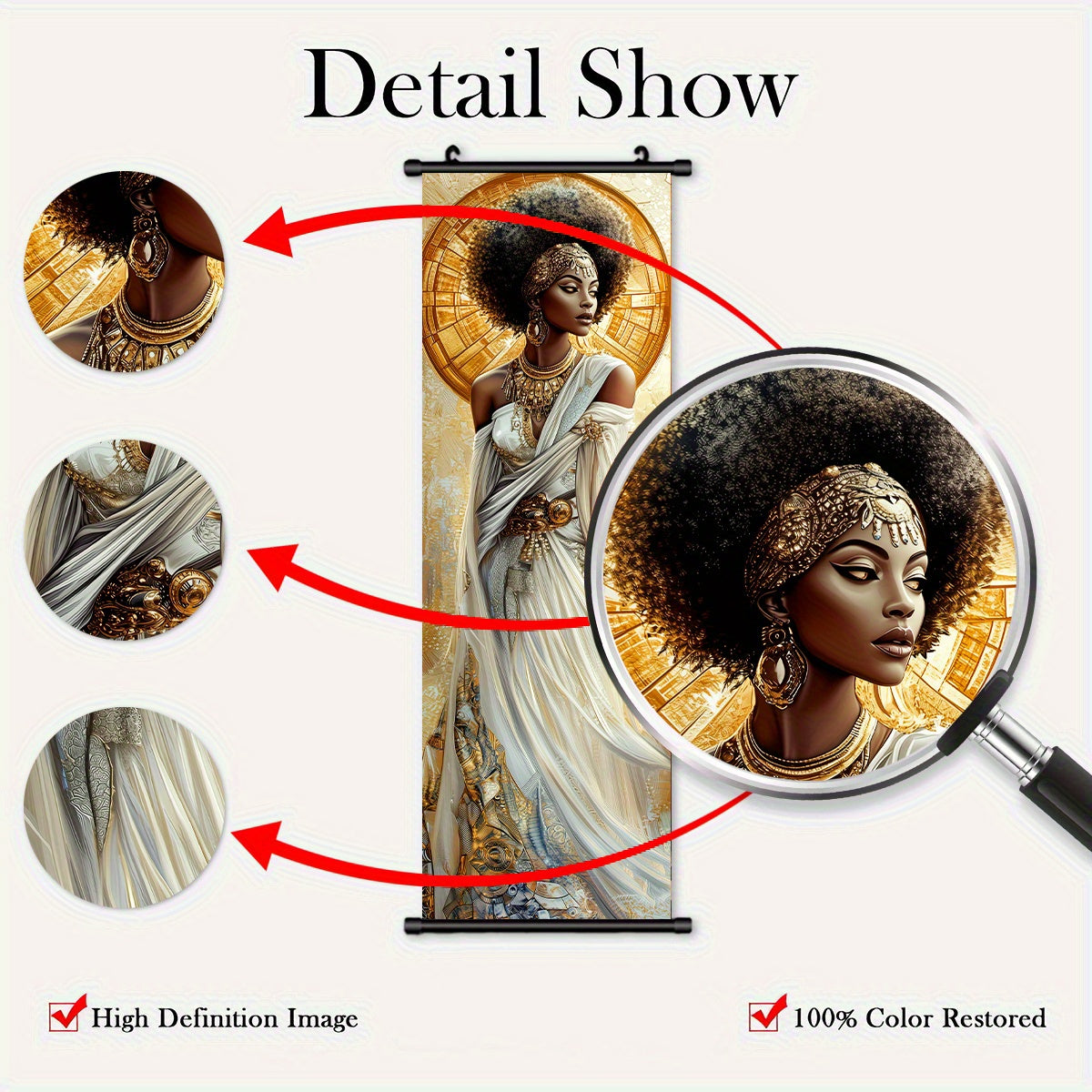 2D Flat, 2D/FLAT-3pcs Egyptian Goddess Plastic Scroll/ Scroll Painting, Sacred and Elegant Style Decorative Painting, White Dress Golden Ornament Halo Wings Element, Geometric Golden Pattern Background, Suitable for Living Ro