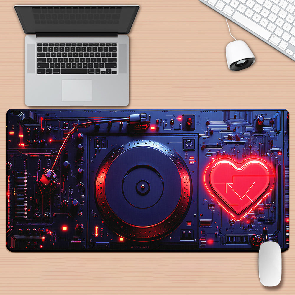 Large Robotic Heart Gaming Mouse Pad - Vibrant DJ Mixer Design, Anti-Slip Rubber Desk Mat for PC & Laptop, Office & Gamers, Soft Fabric Surface, Blue & Red Aesthetic