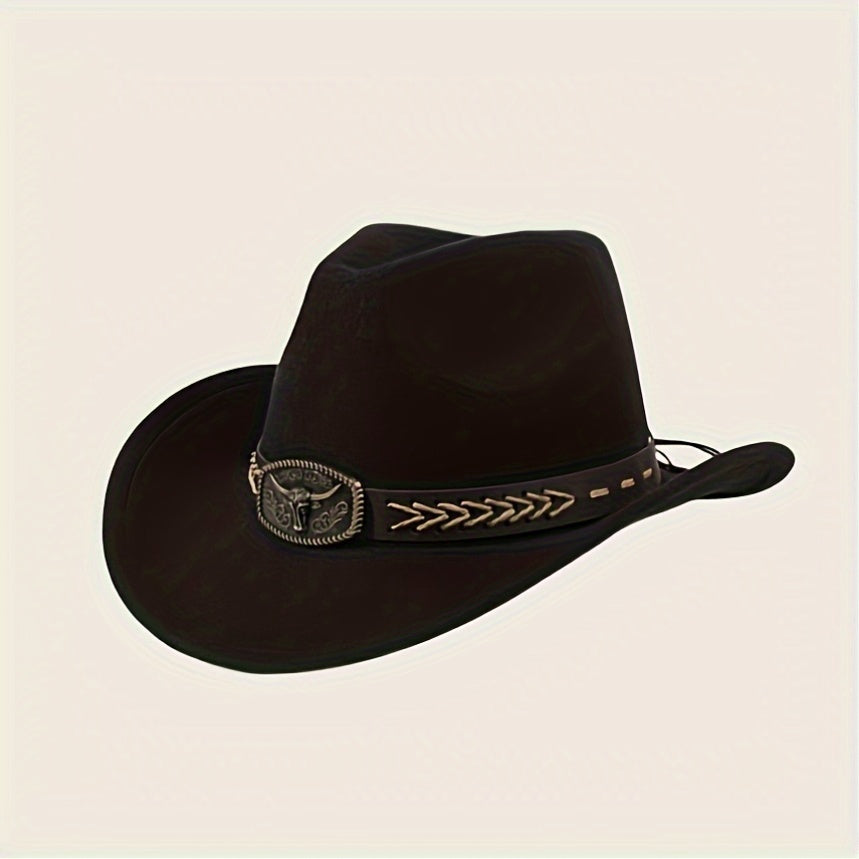 3pcs Unisex Western Cowboy Hats - Wide Brim Sun Protection, Metal Bull Head Buckle & Braided Faux Belt, Vintage Style for Outdoor Riding, Hiking, Rodeo (Black/Brown/White) | Classic Cowboy Style | Faux Fabric