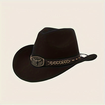 3pcs Unisex Western Cowboy Hats - Wide Brim Sun Protection, Metal Bull Head Buckle & Braided Faux Belt, Vintage Style for Outdoor Riding, Hiking, Rodeo (Black/Brown/White) | Classic Cowboy Style | Faux Fabric