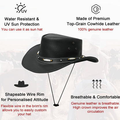 Black Leather Cowboy Hat for Men & Women - Shapeable Wide Brim, Aussie Style Leather Hat - Western Australian Outback Hat - For Outdoor Activities & Western Events - Perfect Gift for Cowboys & Cowgirls