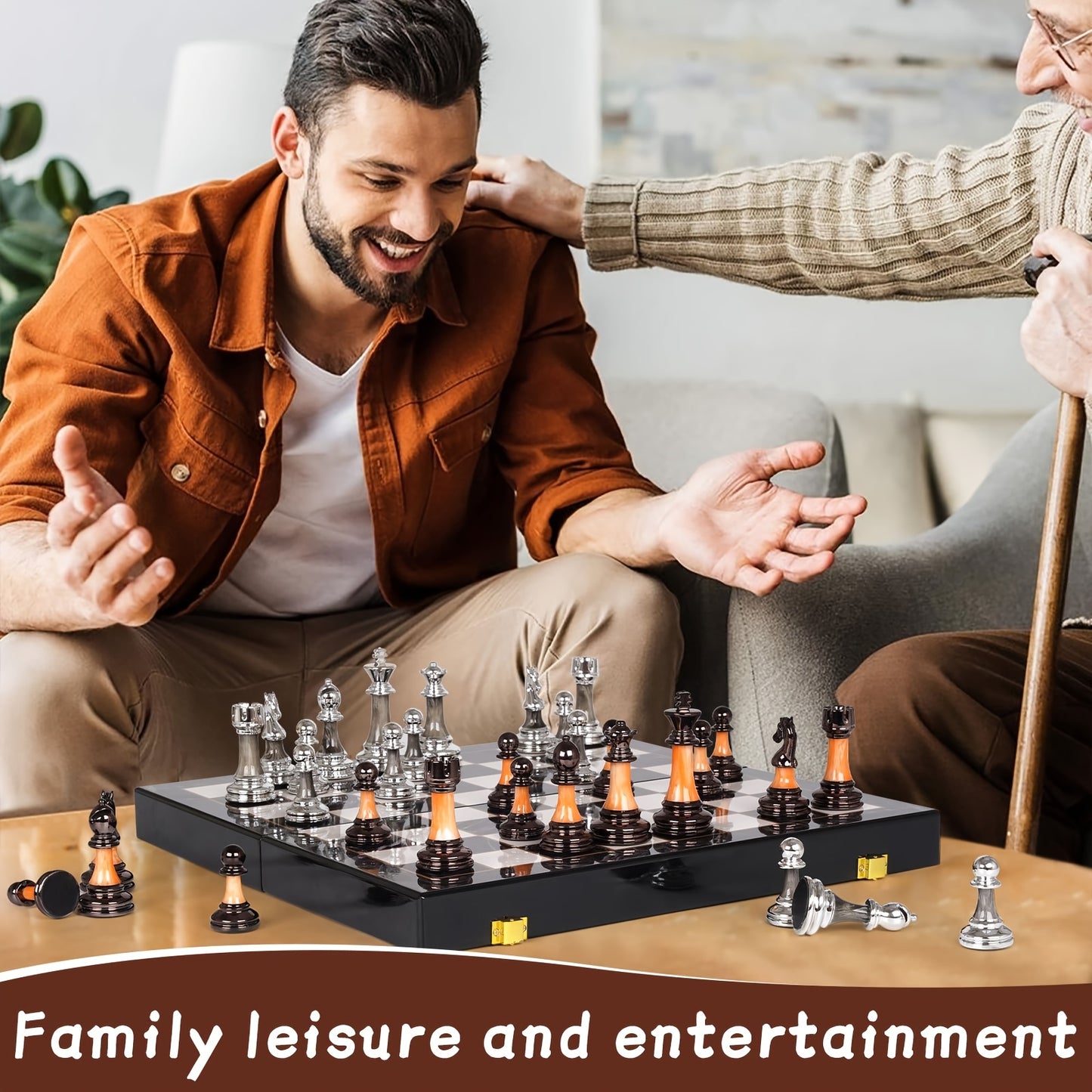 15" Large Chess Set for Adults with Weighted Acrylic Chess Pieces 3.5" King & Portable Folding Marbling Wooden Chess Board Travel Chess Sets Family Board Game Gift – Elegant Classic Chess Game