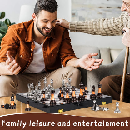 15" Large Chess Set for Adults with Weighted Acrylic Chess Pieces 3.5" King & Portable Folding Marbling Wooden Chess Board Travel Chess Sets Family Board Game Gift – Elegant Classic Chess Game