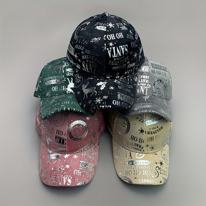 1pc Christmas Reflective Baseball Cap Adjustable Lightweight Polyester Vintage Distressed Six-Panel Street Style Cap with Random Print Patterns (Stars/Hearts/Music Notes) - Unisex Casual & Festive Holiday Accessory, Streetwea