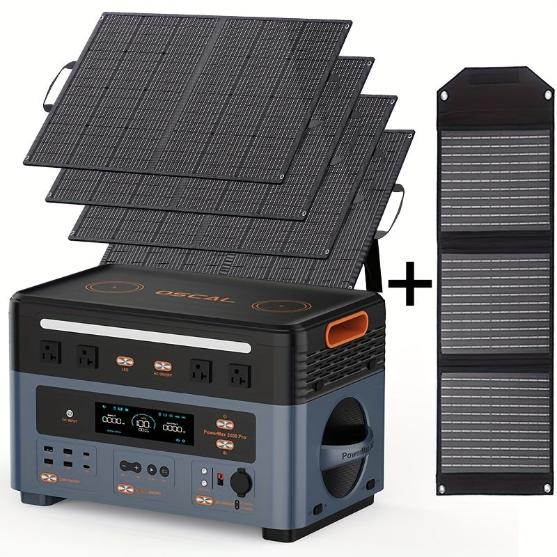 OSCAL PowerMax 2400W Solar Power Station with 4x100W+30W Solar Panels - Portable Generator, //Car Outlets,, Lithium - for RV, Camping, Backup Power, Heavy-Duty Outdoor Use (Pure Sine Wave Compatible)