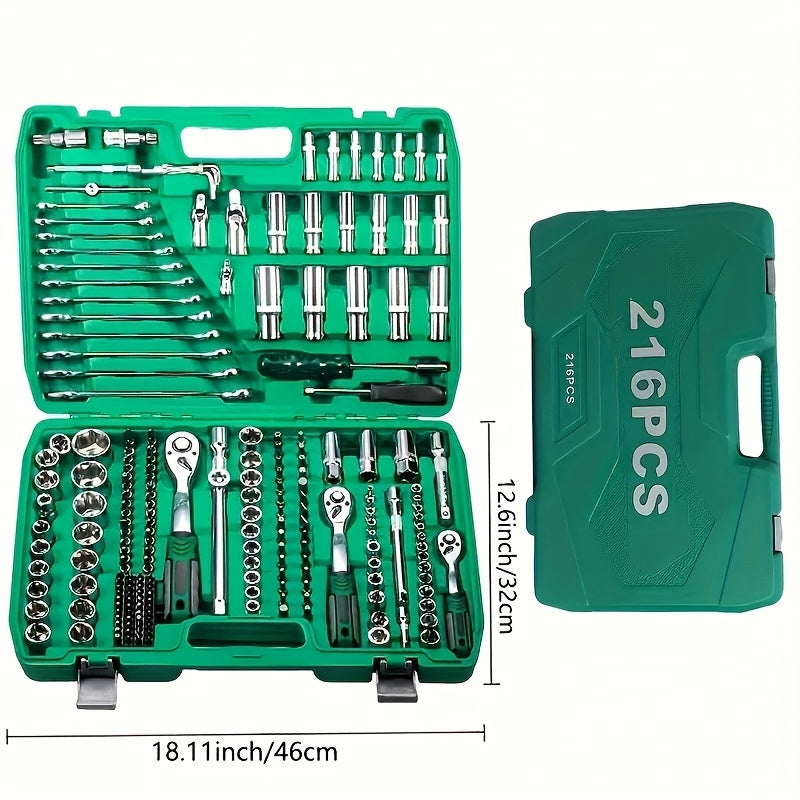 High End Professional 216 Tool Set, 1/4 "3/8" 1/2 "drive Depth And Standard Sleeves, Ratchet Wrench Set, S2 And CR-V Sleeves, Automotive Parts Repair Quick Ratchet Wrench And Other Automotive Repair Parts, Professional Racing