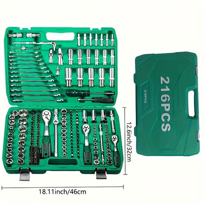 High End Professional 216 Tool Set, 1/4 "3/8" 1/2 "drive Depth And Standard Sleeves, Ratchet Wrench Set, S2 And CR-V Sleeves, Automotive Parts Repair Quick Ratchet Wrench And Other Automotive Repair Parts, Professional Racing