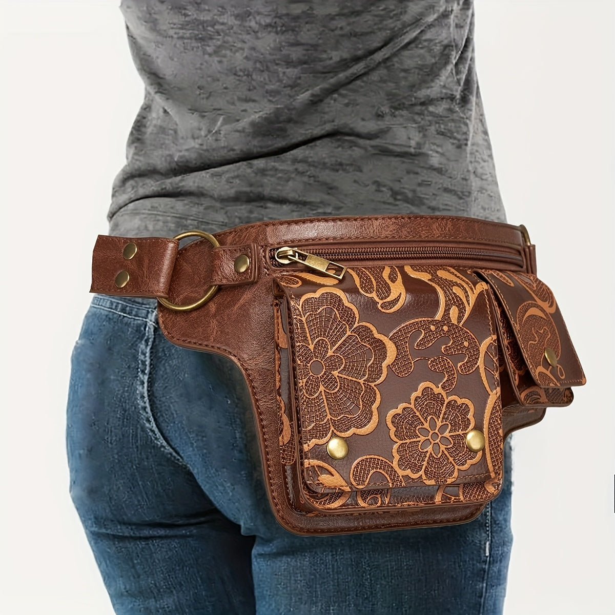 Convertible Crossbody Purse - Women's Adjustable Waist Bag with Floral Pattern - Zipper Closure & Snap Button - Synthetic Faux Leather Belt Bag for Everyday, Formal, Travel - Coffee Brown/Black, Crossbody Purse, Everyday Acce