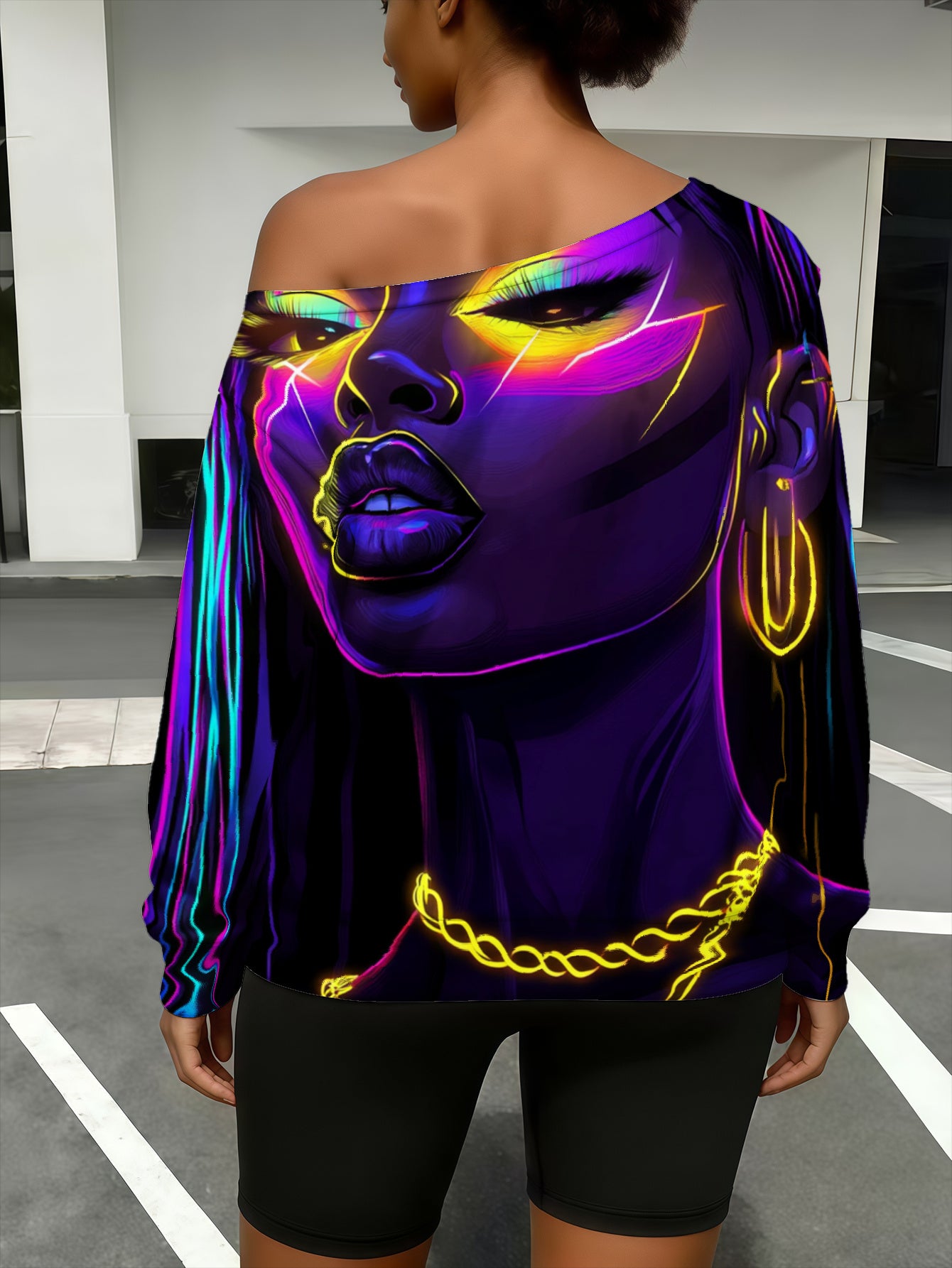 Plus Size - Women'S Plus Size Neon Glow-in-the-Dark Face Print Off-Shoulder Sweatshirt - Luminous Pink/Purple/Blue/Pink Long Sleeve Top, Asymmetrical Neckline Winter Warm Shirt for, Parties & Casual Wear, Machine Washable Ele