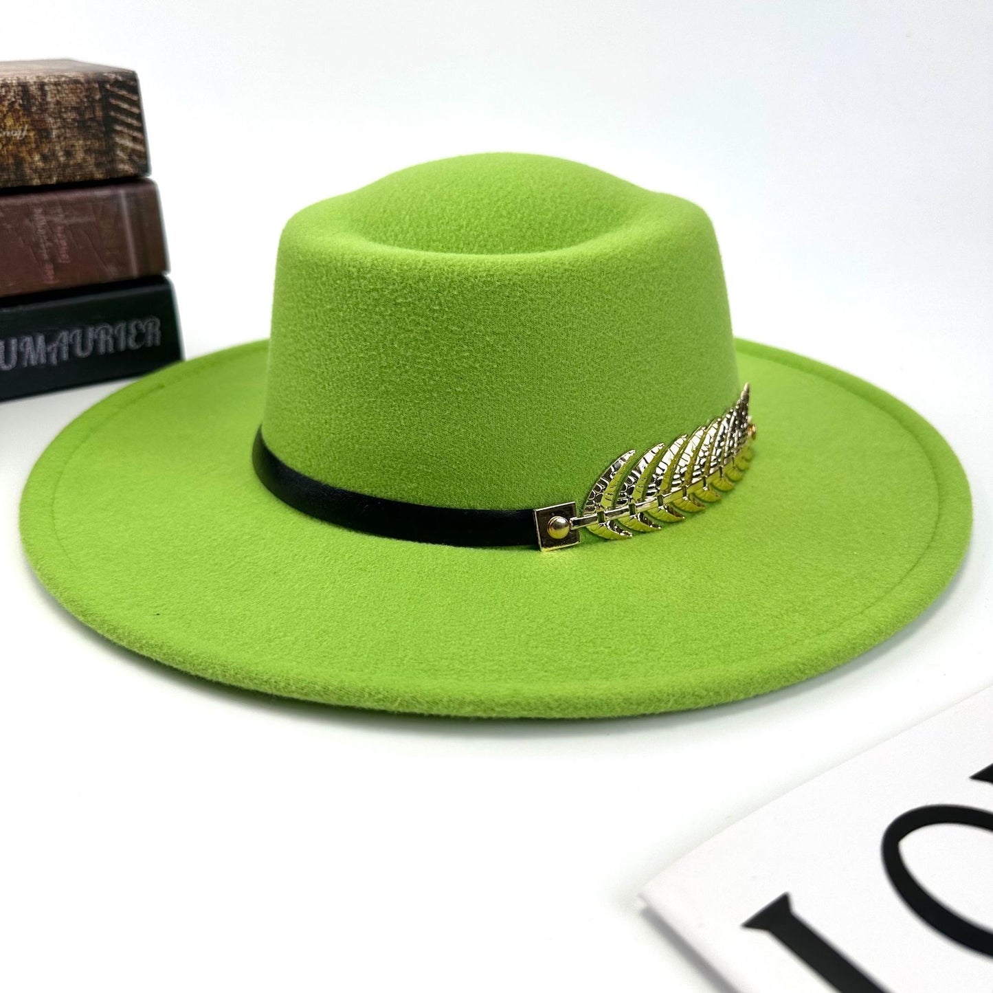 1pc Women'S Retro Wide-Brimmed Fedora Hat with Metal Crescent & Black Leather-like Band - Vibrant Orange/Red/Green/Black/Navy Blue/Purple/White - Elegant Non-Stretch Design for Autumn Winter, Music Festivals, Christmas & Dail