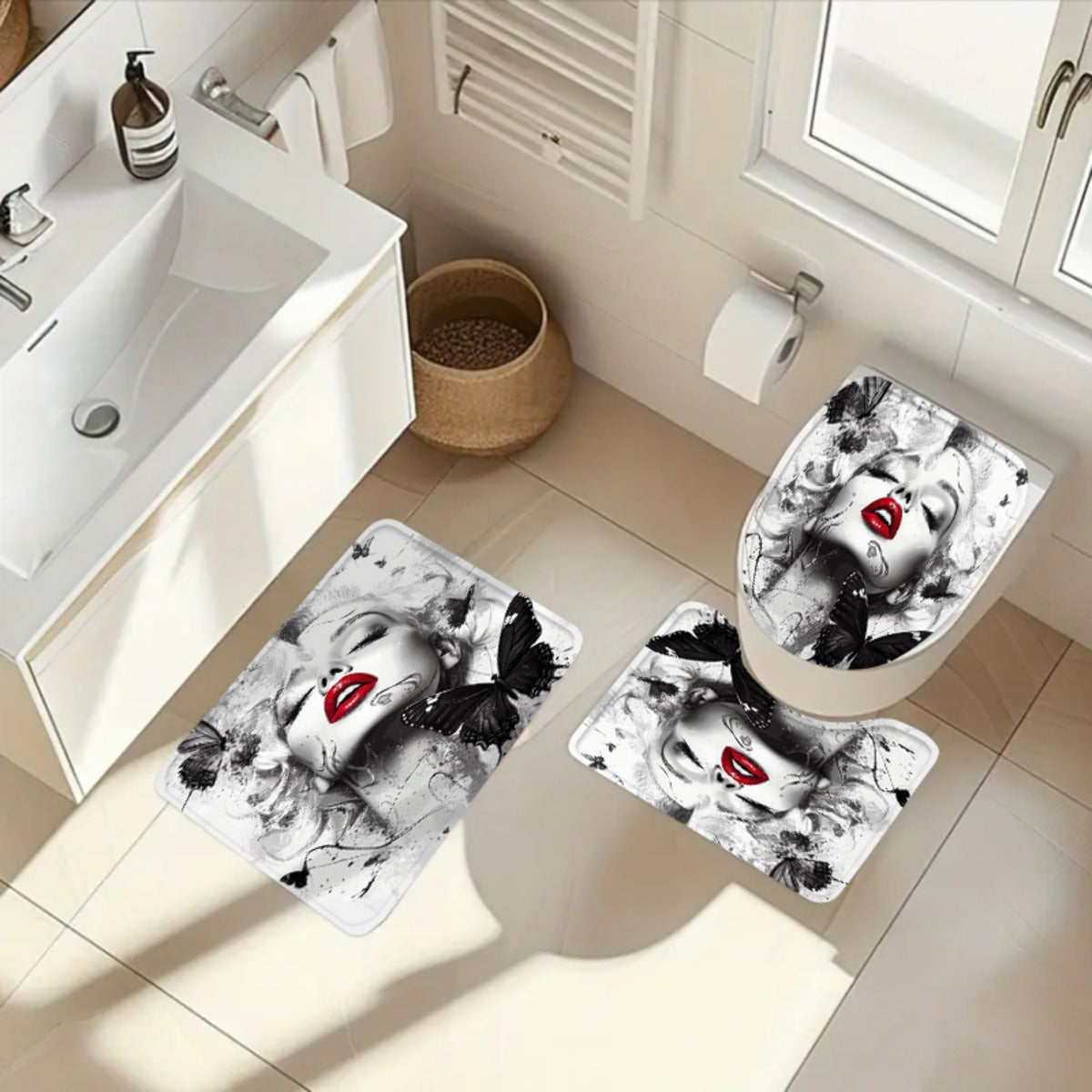 1/3/4pcs Butterfly Kiss II Shower Curtain Set, Black and White Background Red Lip Butterfly Print Bathroom Decor, Includes Bath Mat, U-Shaped Mat, Toilet Lid Cover, 70.87x70.87inch, Curtain with 12 Hooks, "Butterfly Kiss II,